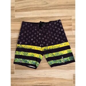 Pelagic Sharkskin Boardshorts Mens 38 Black Stars Stripes Fishing Swim Trunks